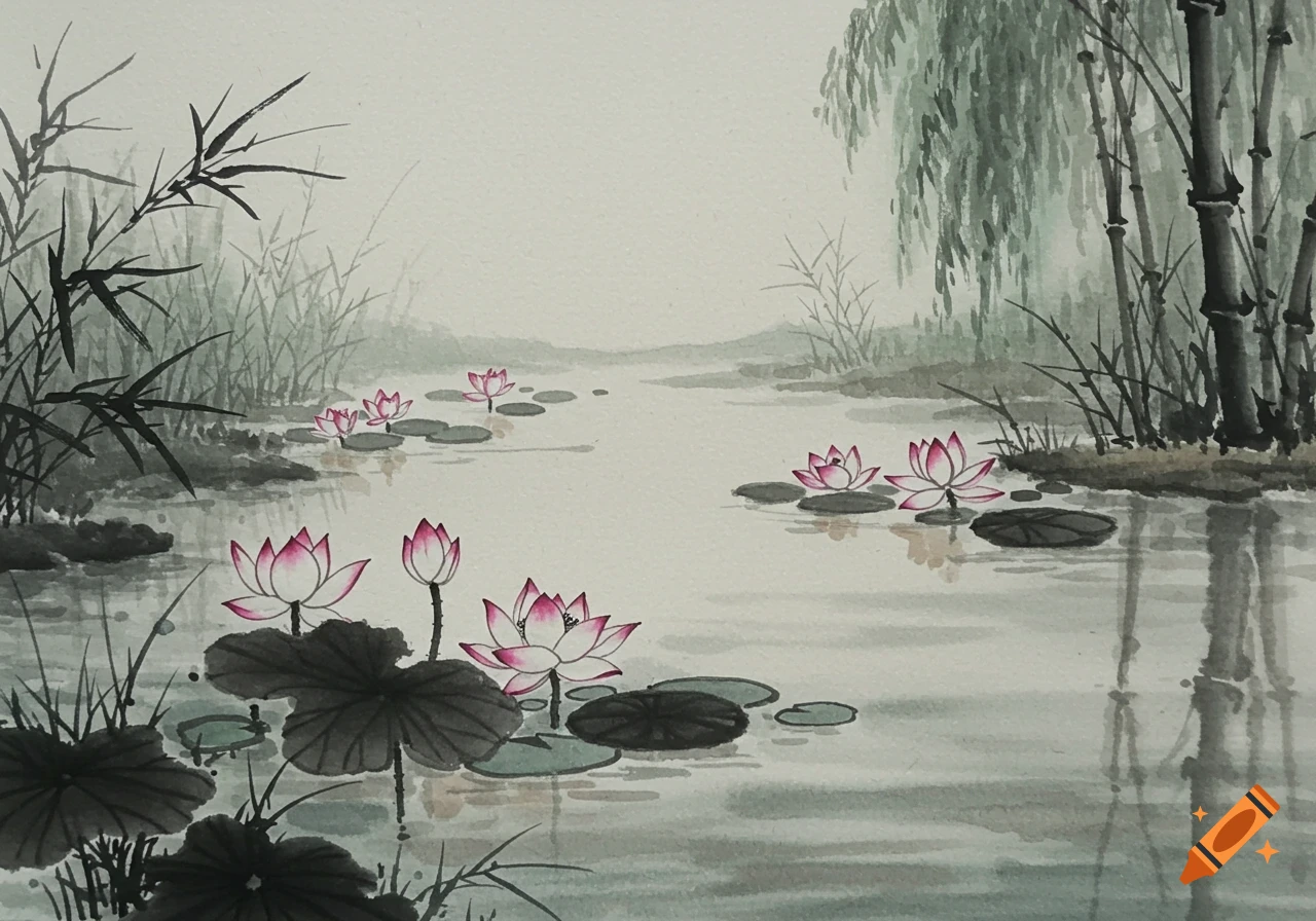 Chinese ink wash painting of a lotus pond with pink and white lotus flowers, lily pads, bamboo, and a willow tree reflected in the water.