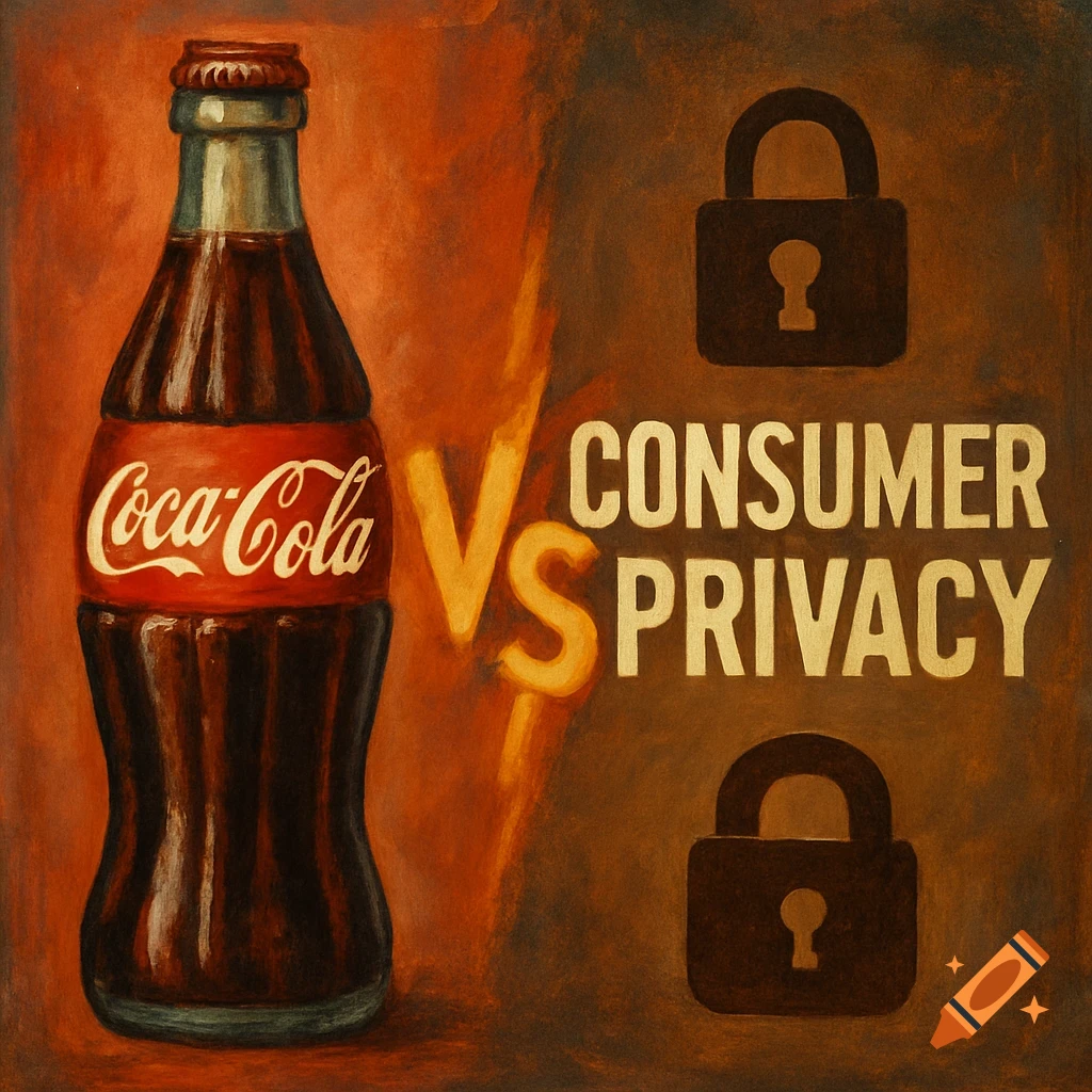 A painterly image showing a Coca-Cola bottle versus 'CONSUMER PRIVACY' with padlocks.