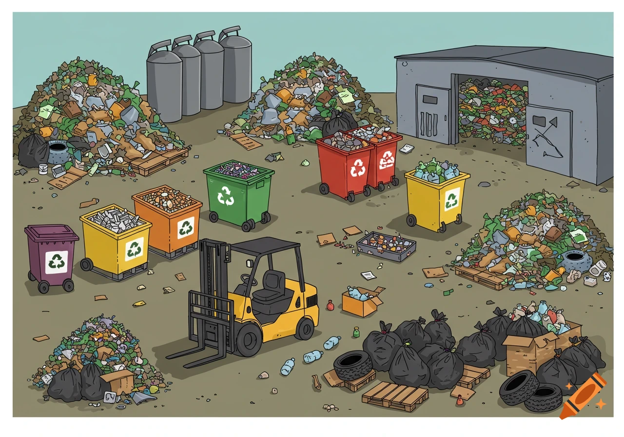 Cartoon illustration of a garbage yard with piles of trash, recycling bins, and a forklift.