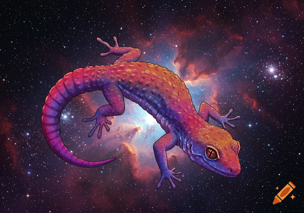 A colorful lizard floats in space against a background of a galaxy and stars.