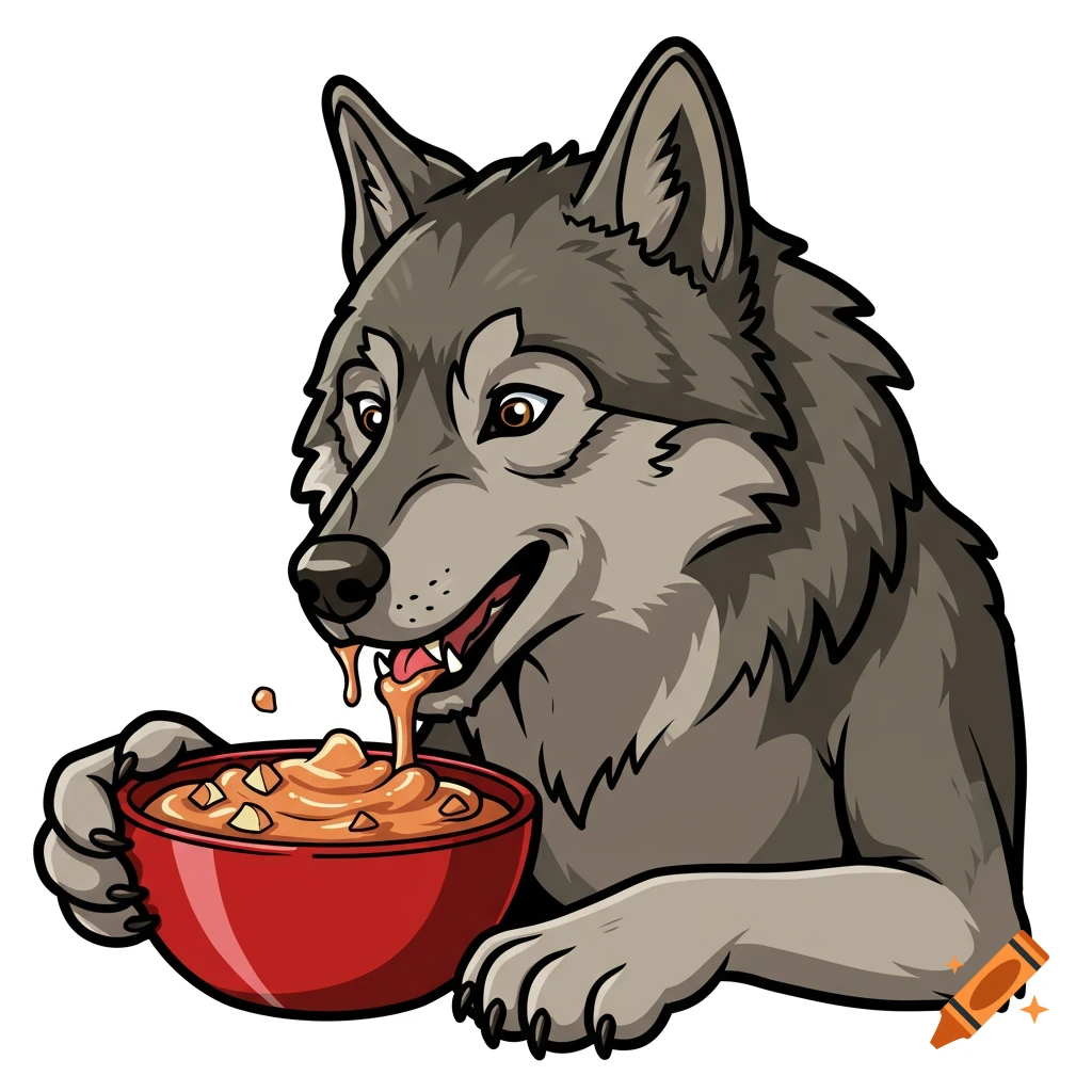 A cartoon wolf eagerly eating from a red bowl.