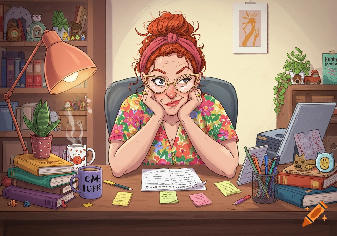 A cartoon illustration of a red-haired woman with glasses sitting at a messy desk, leaning on her hands with a cheeky expression.