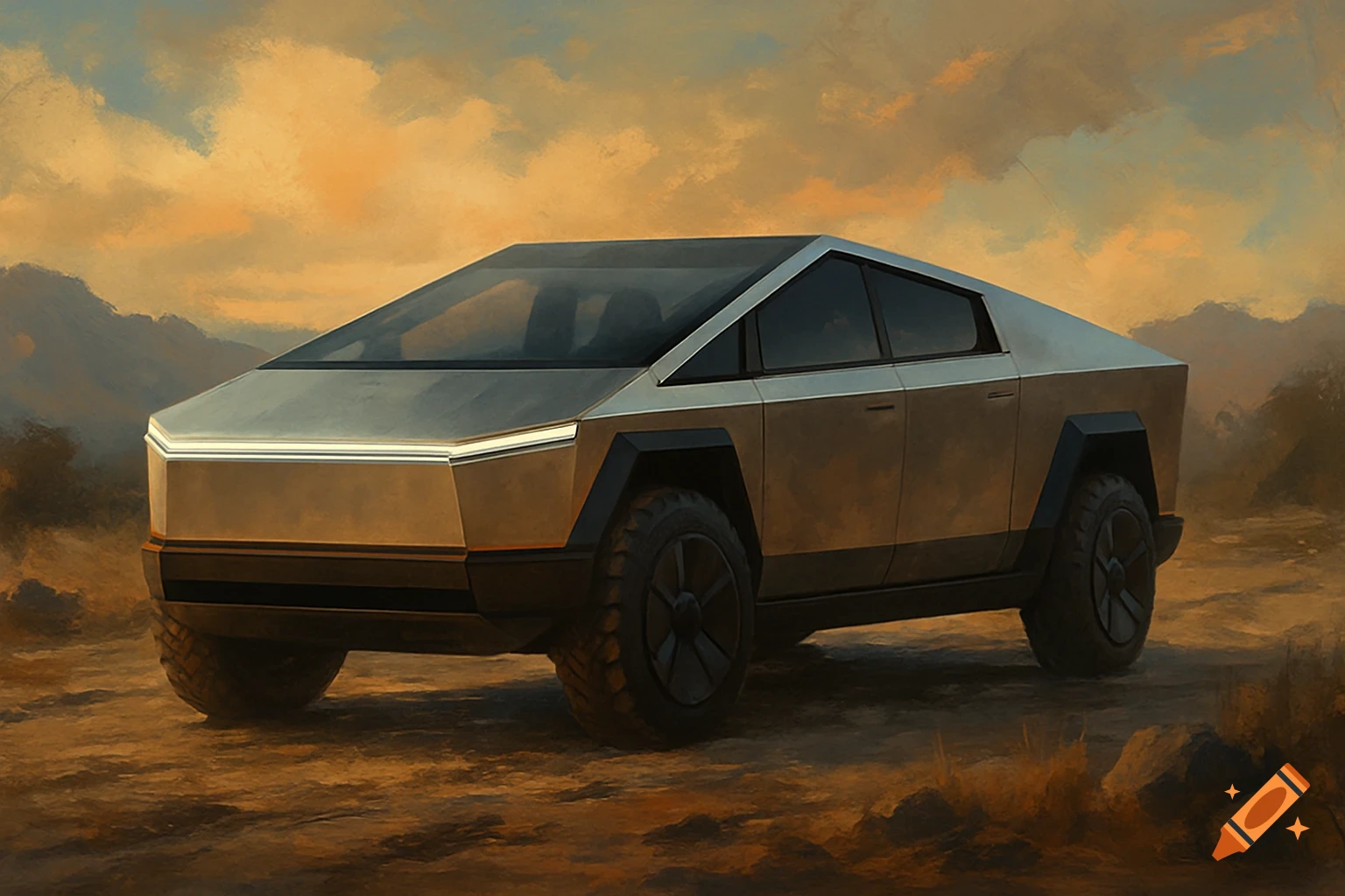 Tesla Cybertruck parked in a dusty desert landscape, digital painting.
