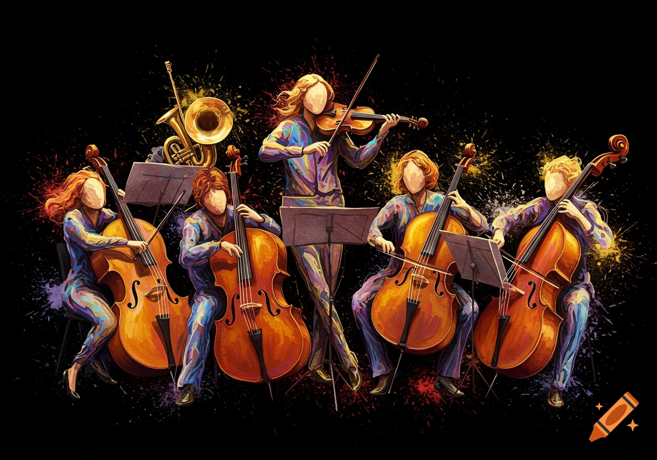 Abstract painting of a musical ensemble playing cello, violin, and horn.