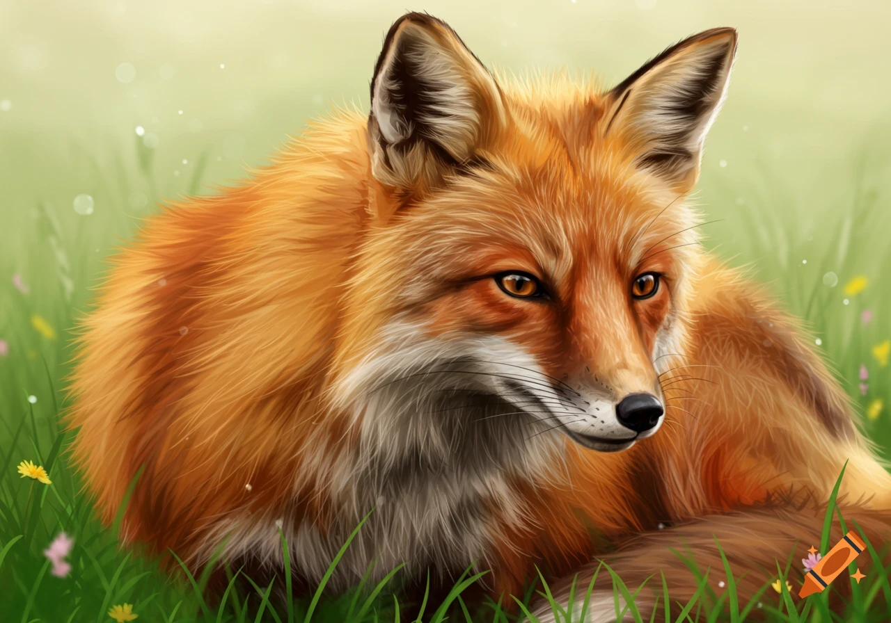 Digital painting close-up of an orange fox lying in tall green grass.