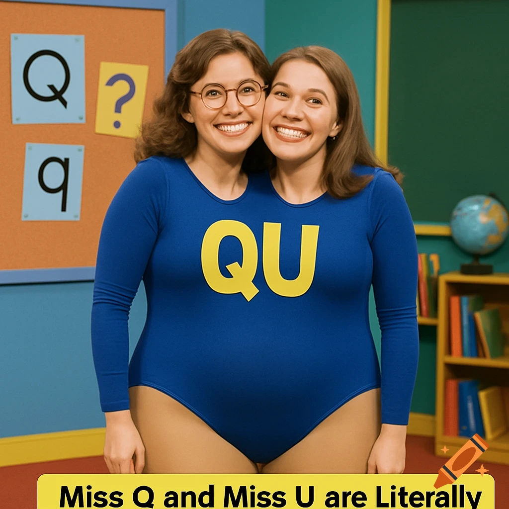 Two women with two heads on one body, wearing a blue leotard with a yellow "QU" logo, standing in a classroom.