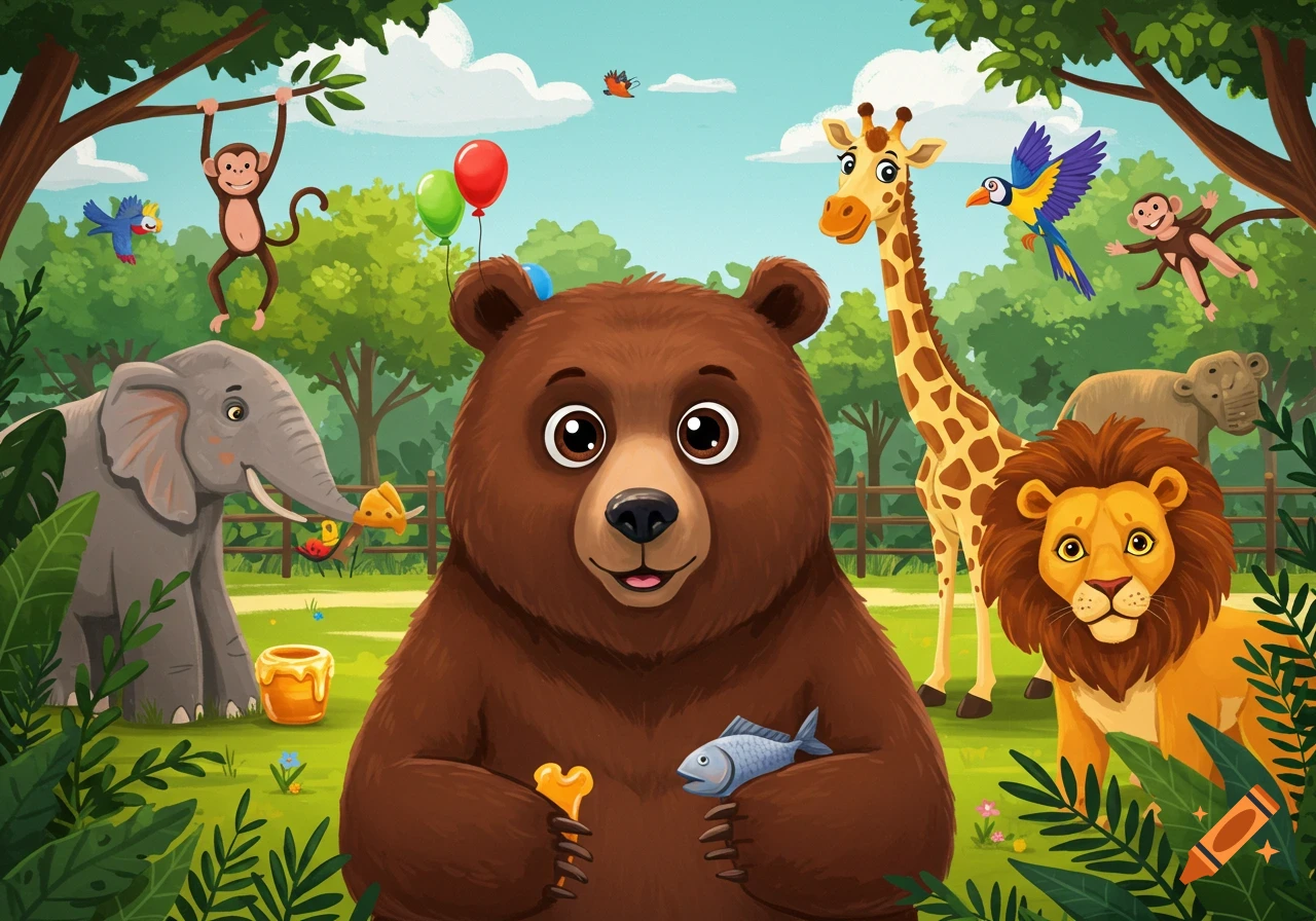 A cartoon bear holds a bone and fish at a zoo with a giraffe, lion, elephants, monkeys, and birds.