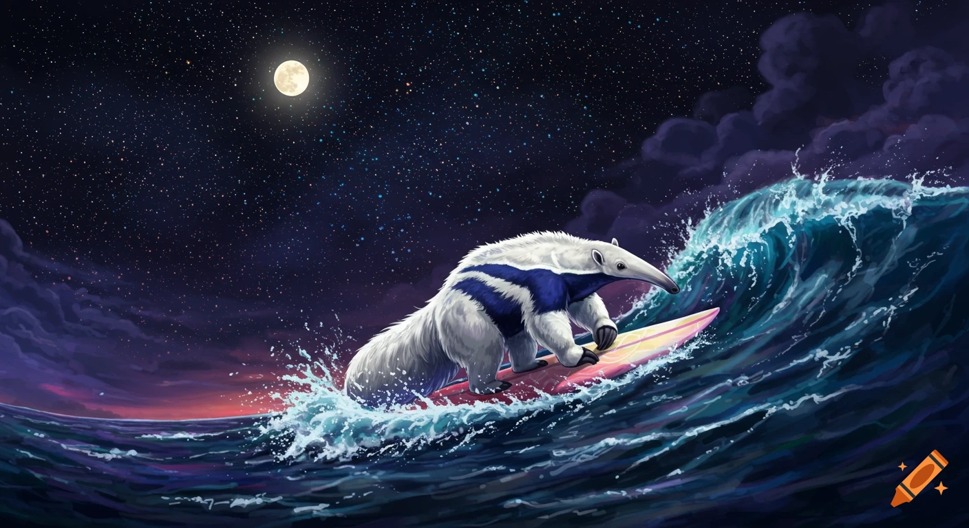 A white and blue anteater surfs a wave on a starry night under a full moon.