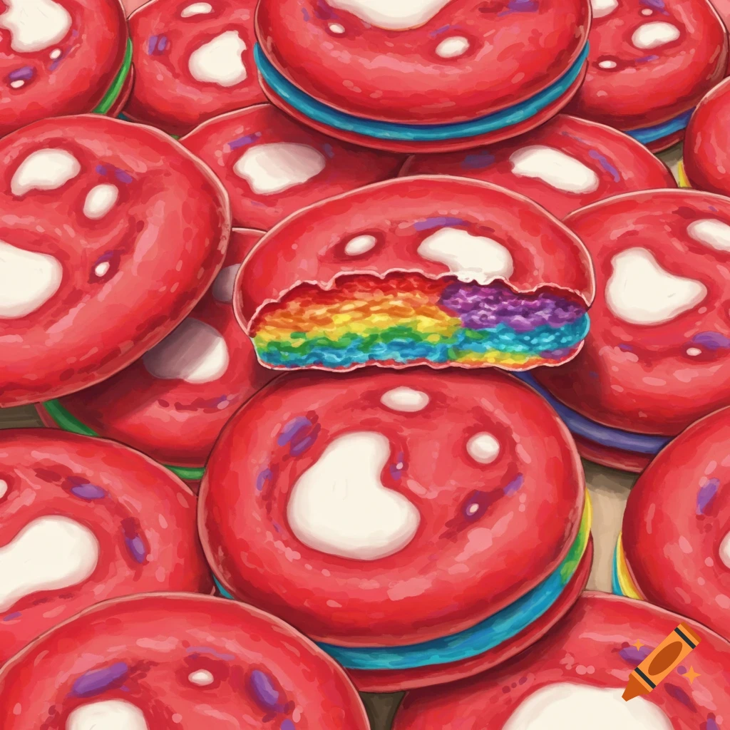 A pile of red cookies with white hearts, one broken open revealing rainbow filling.