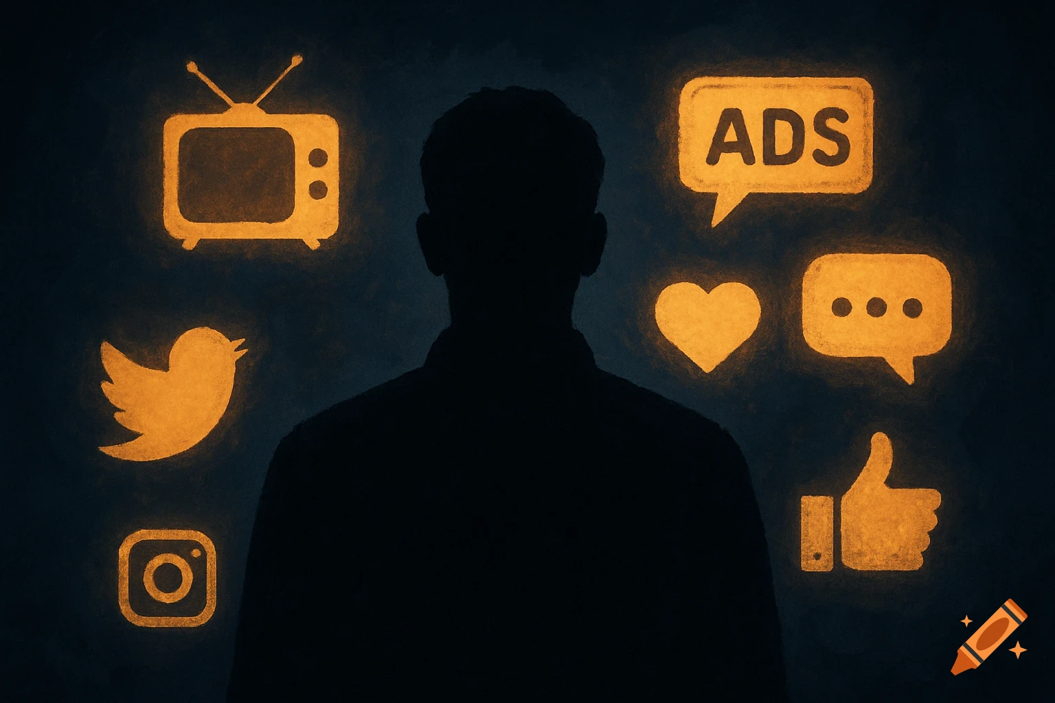 Silhouette of a person surrounded by glowing media and social media icons on a dark background.