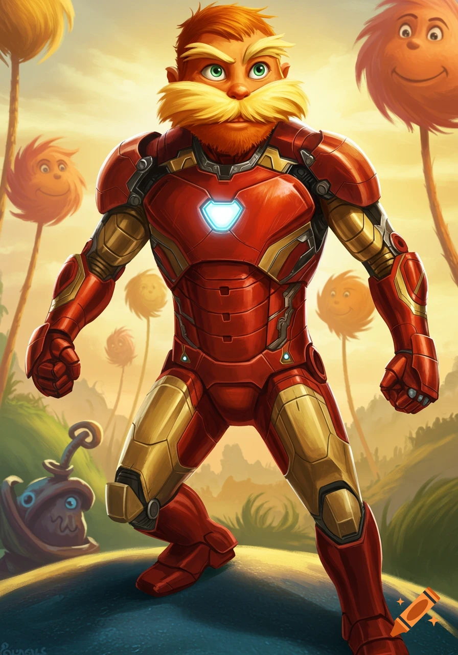 The Lorax character in an Iron Man suit stands in a colorful fantasy landscape.