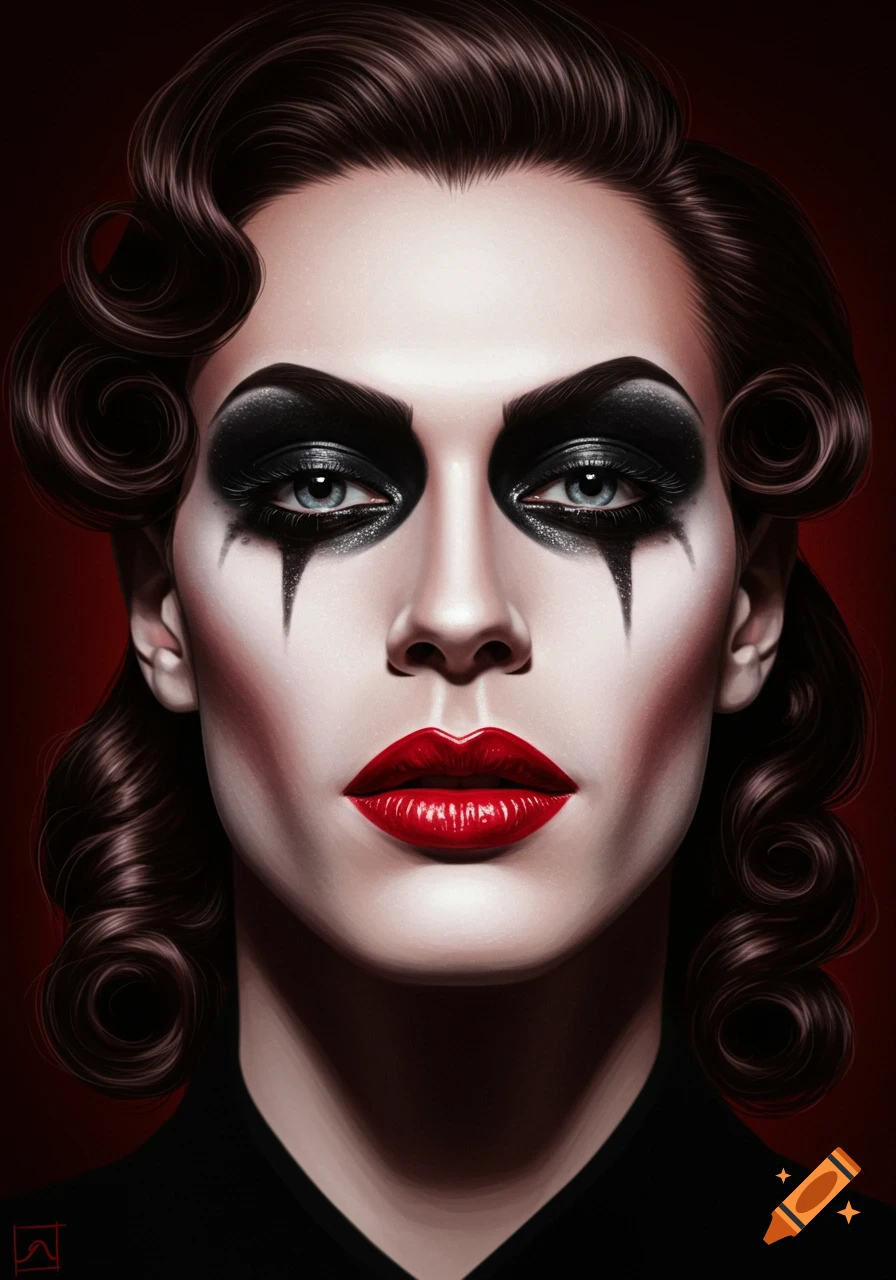Close-up portrait of a person with dramatic black eye makeup, red lipstick, and styled dark hair.