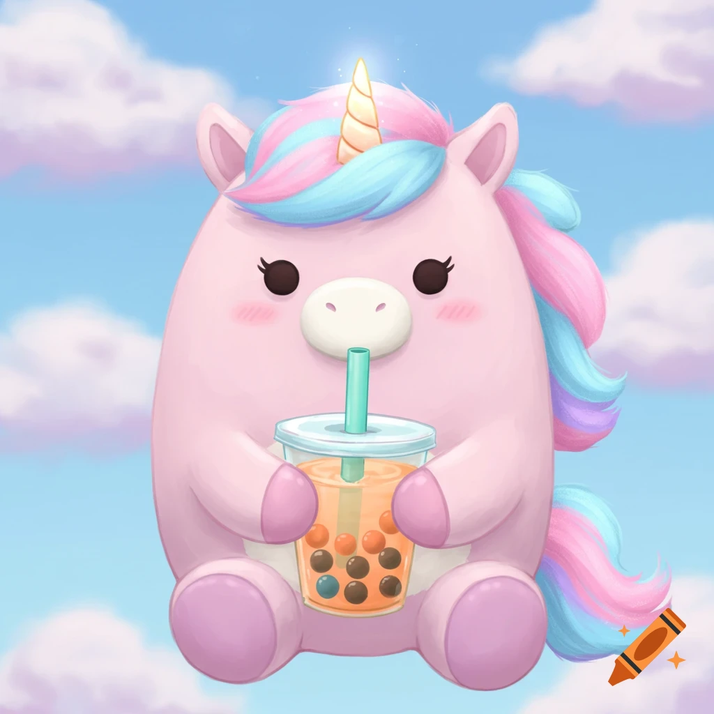 A cute cartoon pink unicorn holds a boba tea drink.