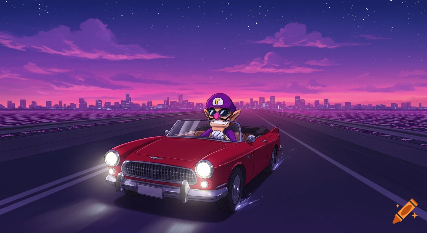 Waluigi drives a red classic convertible on a road towards a city in a vaporwave anime style.