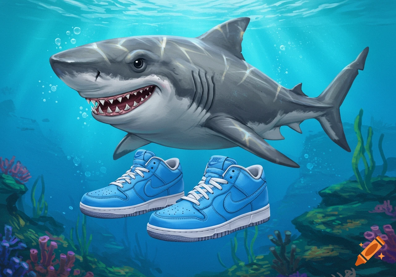Cartoon shark swimming underwater wearing blue sneakers.