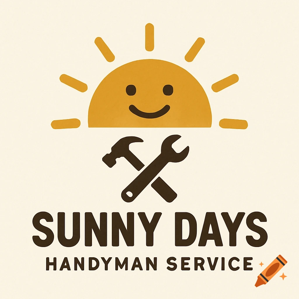 Logo for Sunny Days Handyman Service with smiling sun, crossed hammer and wrench tools.