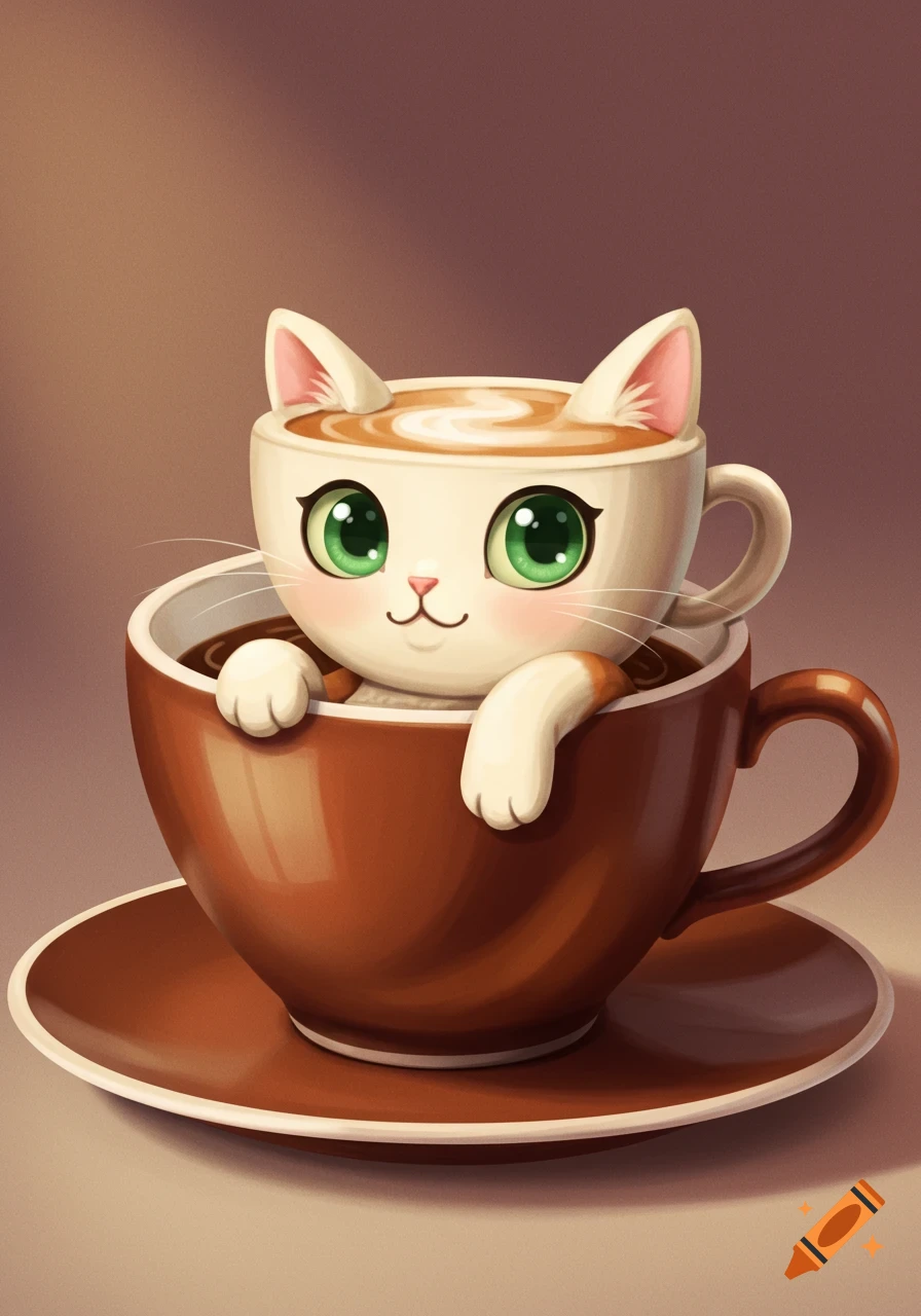 Cute cartoon cat face with paws visible in a coffee cup filled with latte art.