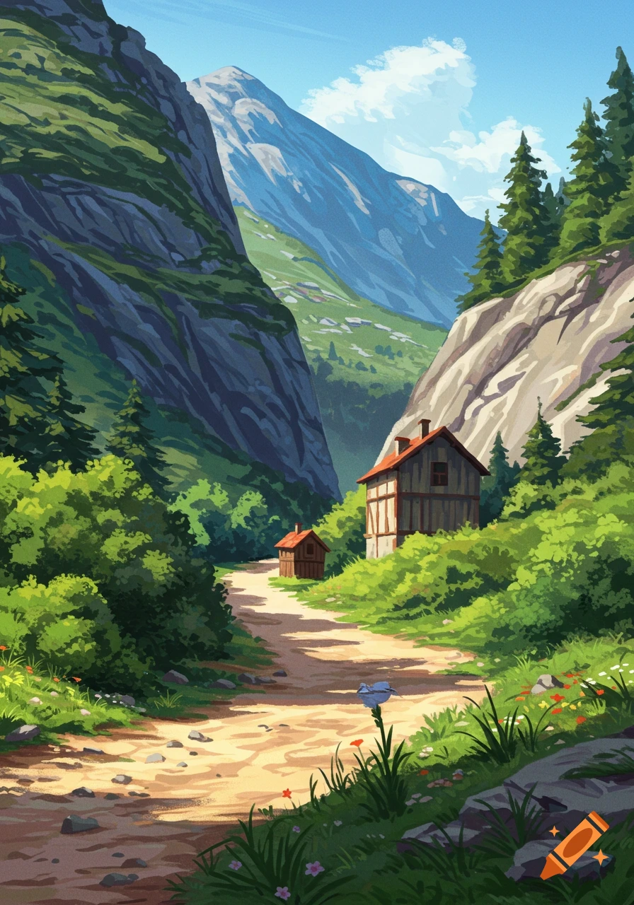 Illustration of a path through a valley with houses, mountains, and ...