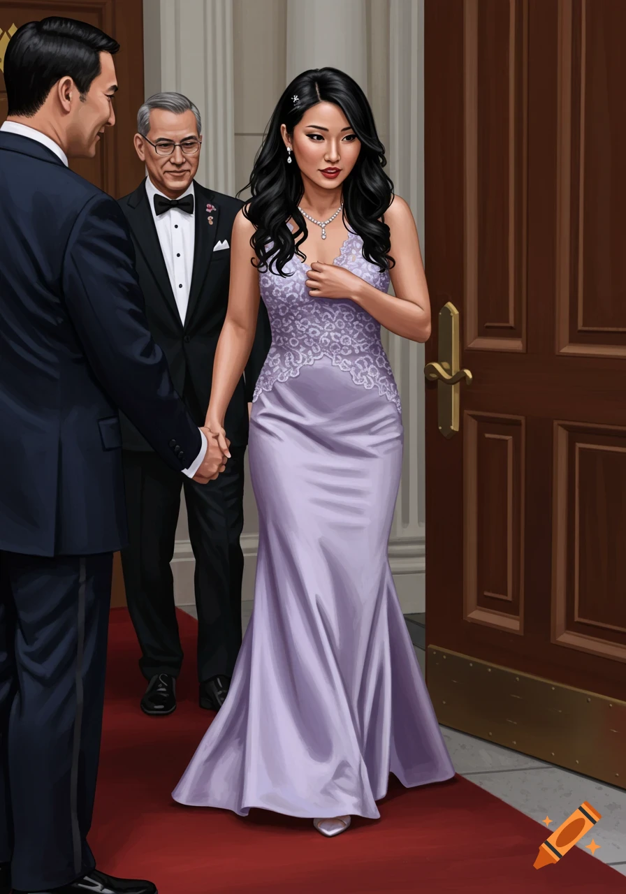 Illustration of a woman in a lavender gown holding hands with a man on a red carpet, entering a building with another man behind.