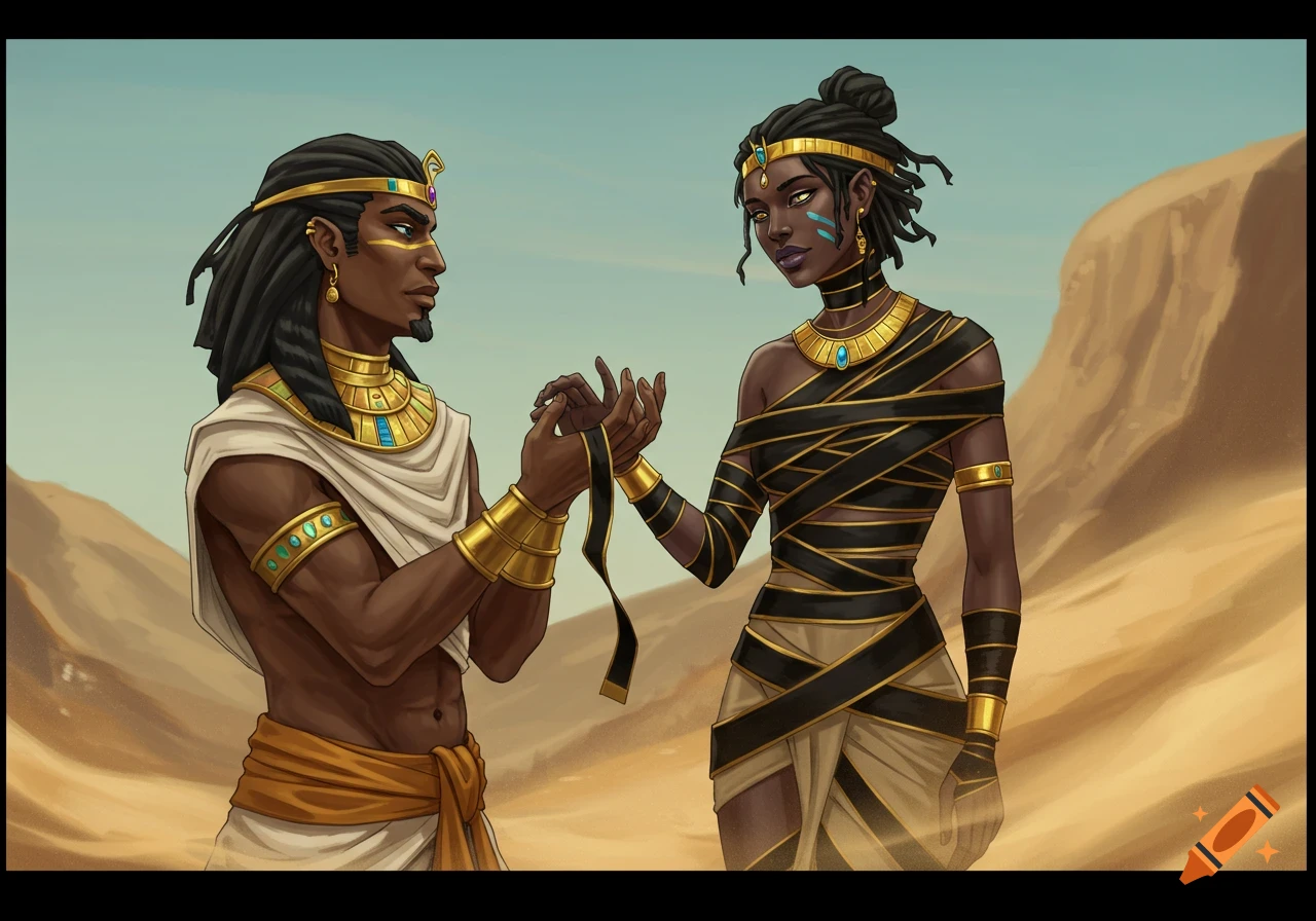 Illustration of two figures in Egyptian-style fantasy clothing holding hands in a desert.