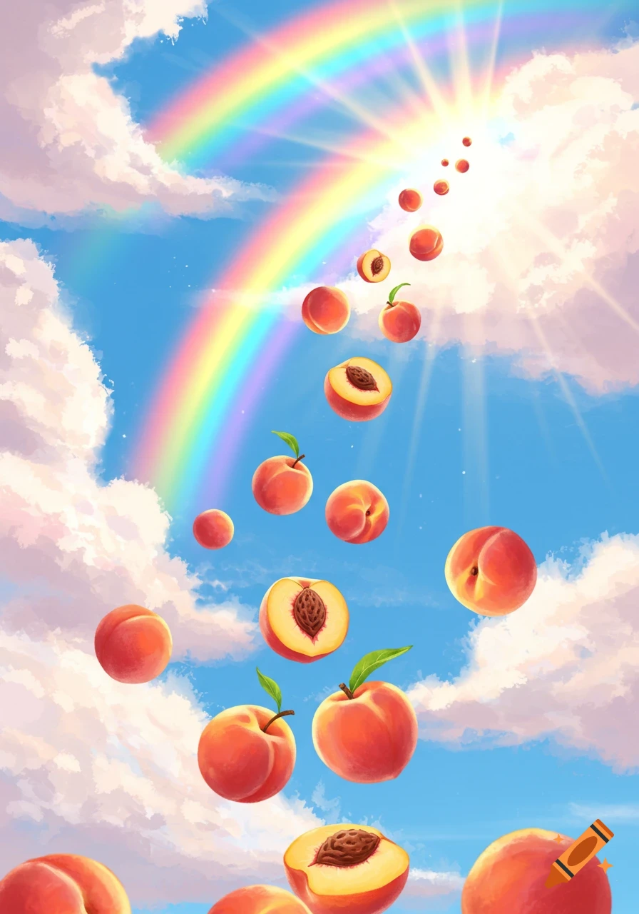 Peaches fall through a bright blue sky with clouds, a rainbow, and sun rays.