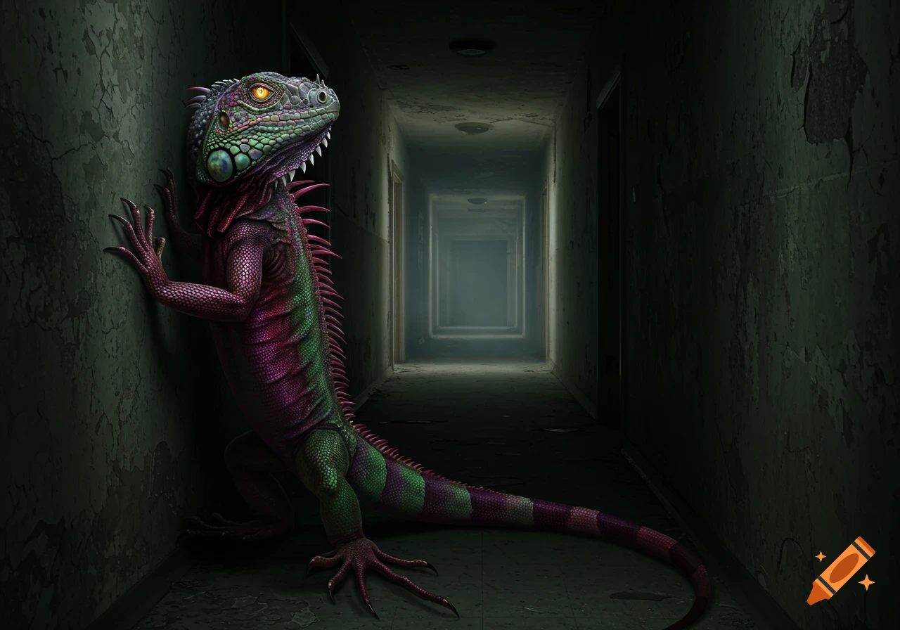 Mutated iguana hides in the corner of a dark, decaying hallway.