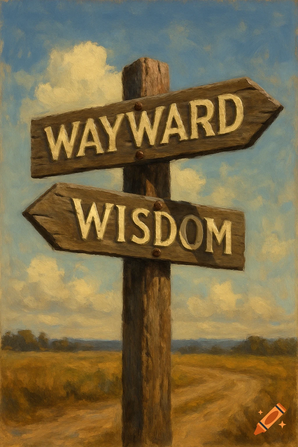 A wooden signpost at a crossroads reads 'WAYWARD' and 'WISDOM' in a painterly landscape.