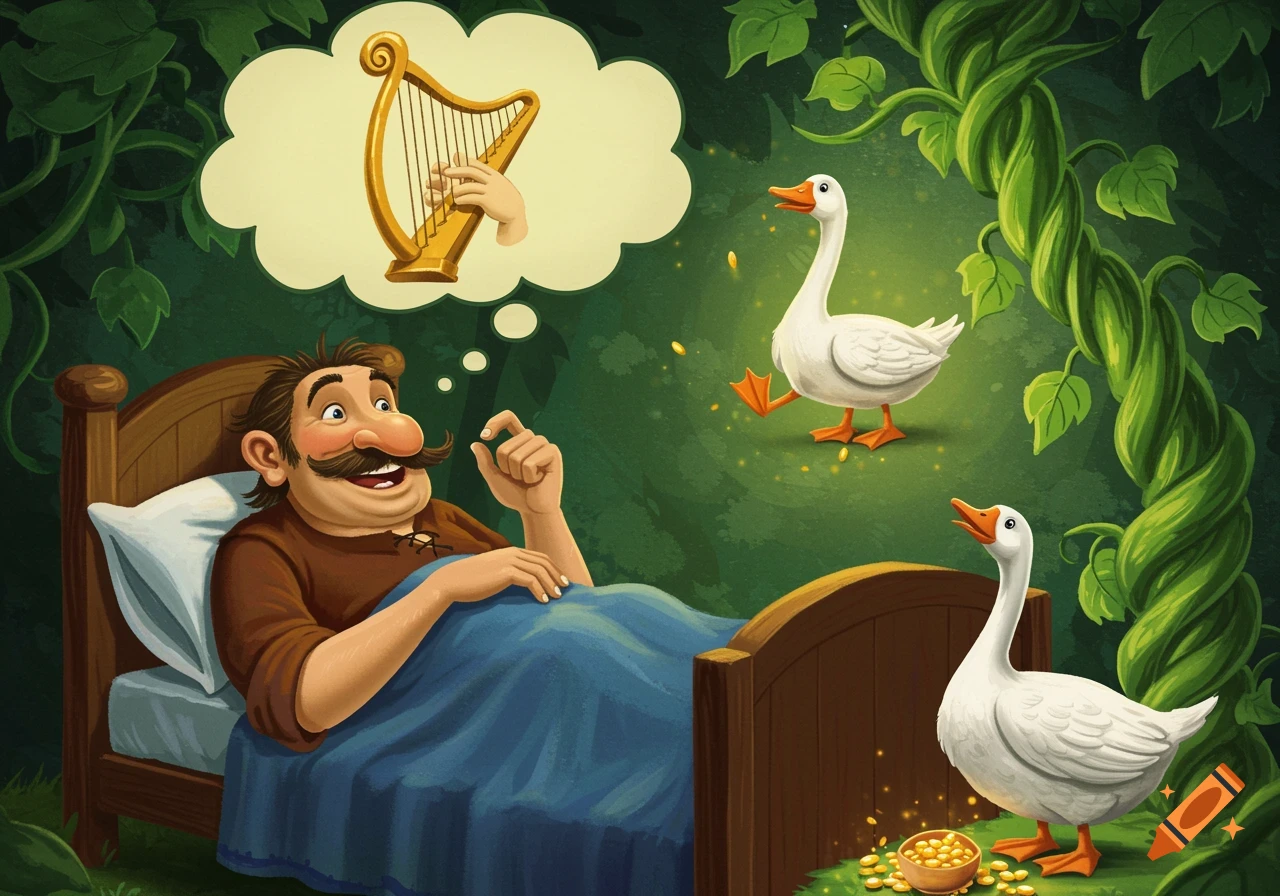 Cartoon illustration of a man in bed dreaming of playing a golden harp, while two geese stand by golden eggs amidst beanstalks.
