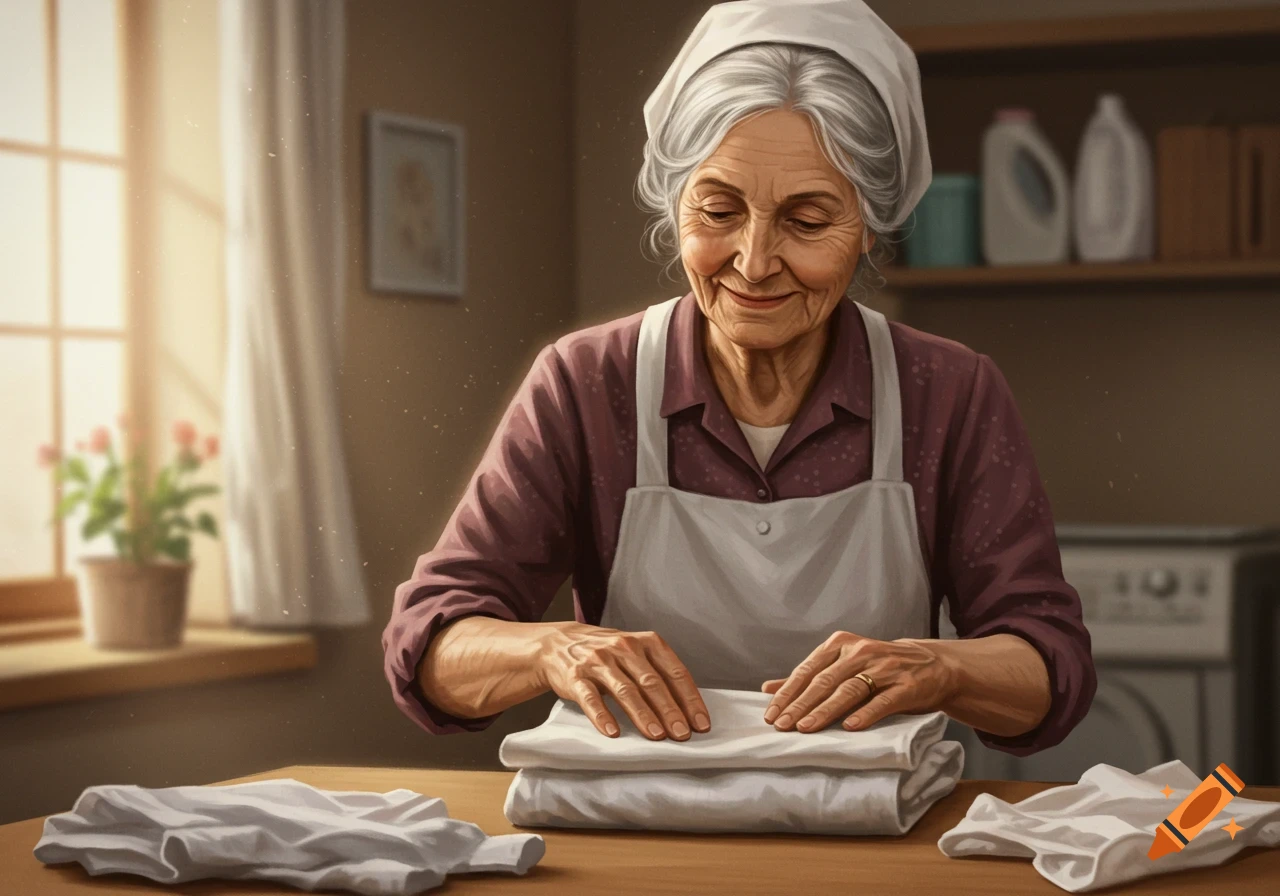 Digital painting of an older woman folding white laundry on a table.