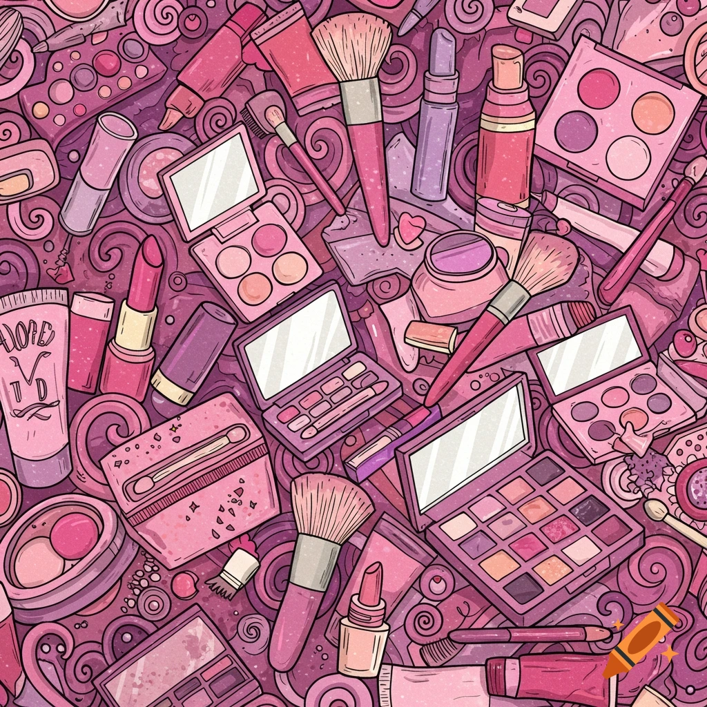 Pink illustration pattern of various makeup items like brushes, palettes, and lipsticks in a coloring book style.