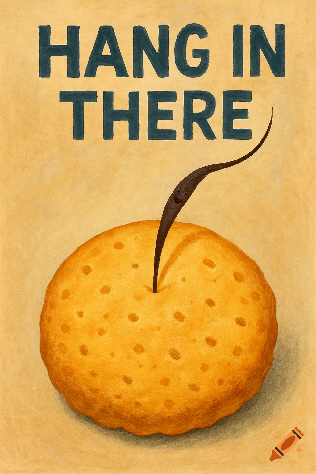 An illustration of a biscuit with a personified hair sticking out, with the text "HANG IN THERE" above it.