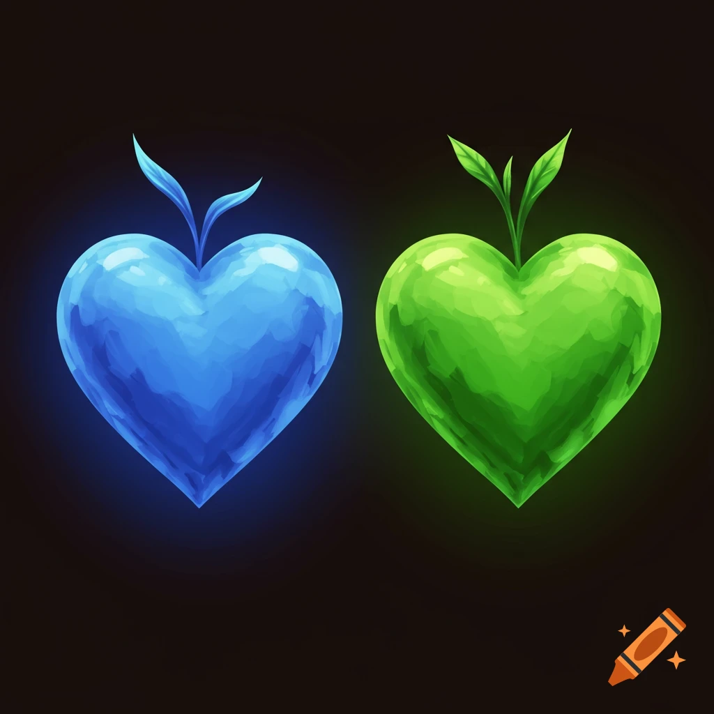 A blue glowing heart next to a green glowing heart on a dark background