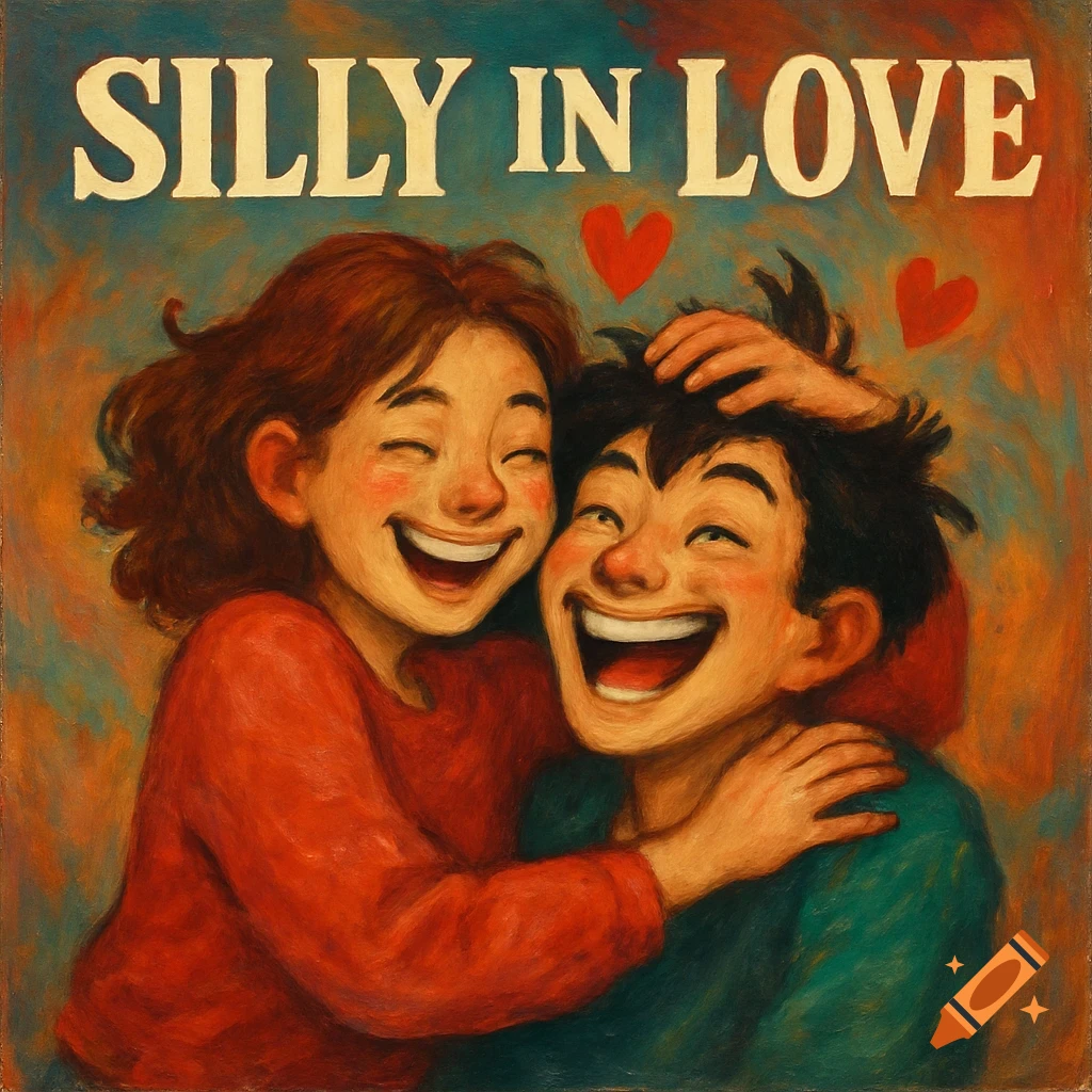 Illustrative image of two young people laughing and hugging under the text 'SILLY IN LOVE'.