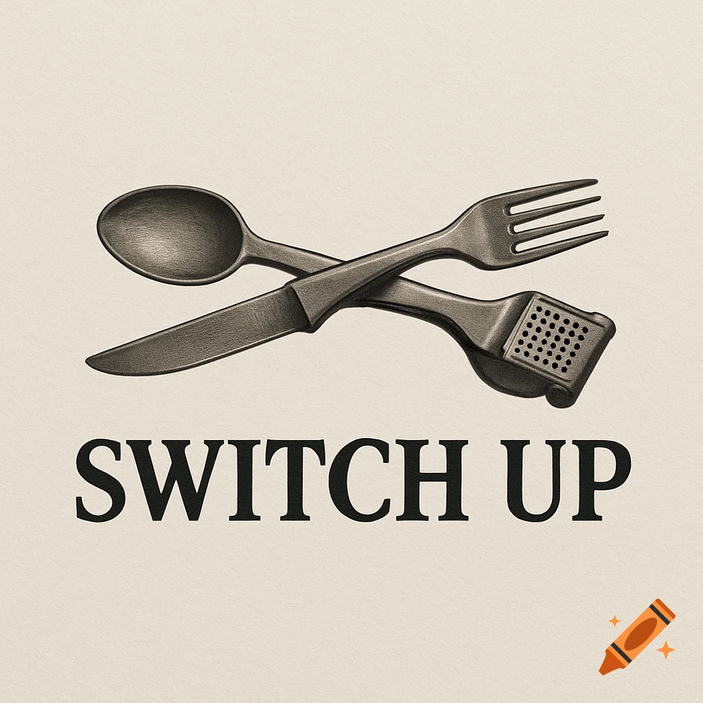 Realistic drawing of overlaid spoon, fork, knife, and garlic press above 'SWITCH UP' text for a logo.