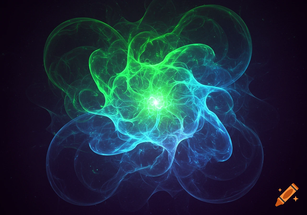 Glowing green and blue abstract fractal energy pattern