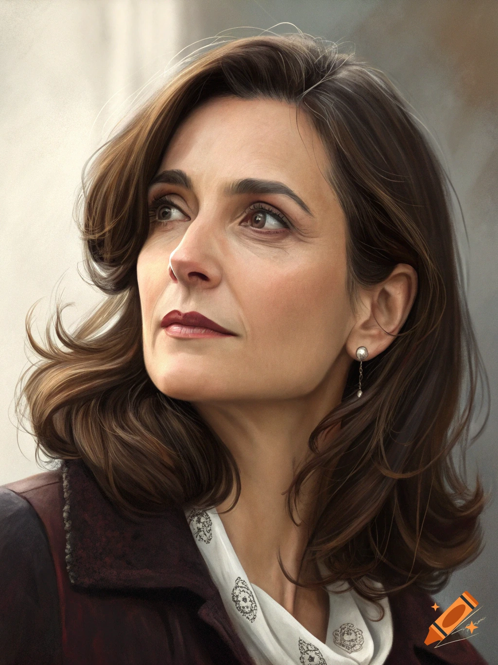 Realistic portrait of a woman with brown hair looking to the side, wearing a dark jacket and white scarf.