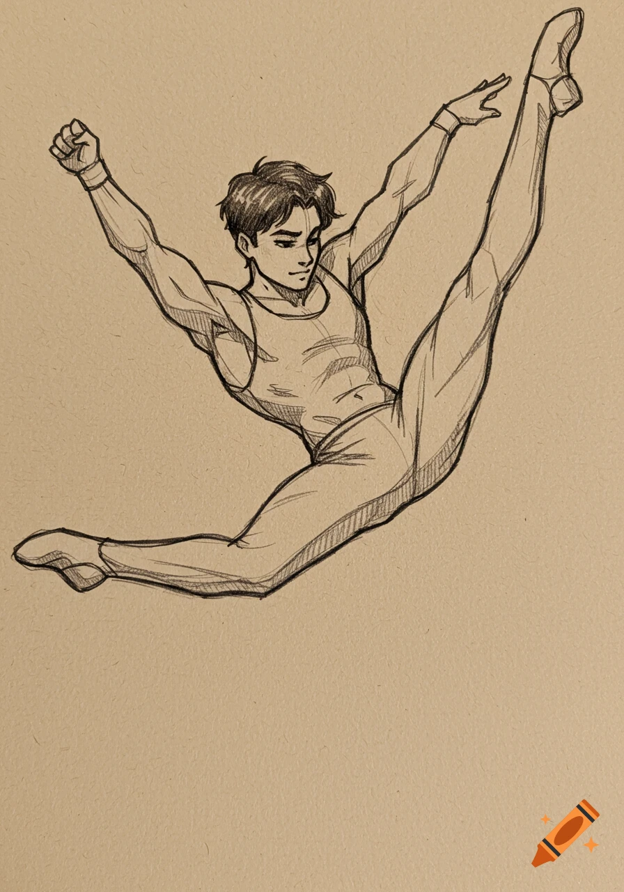 Sketch of a male gymnast doing a split leap.