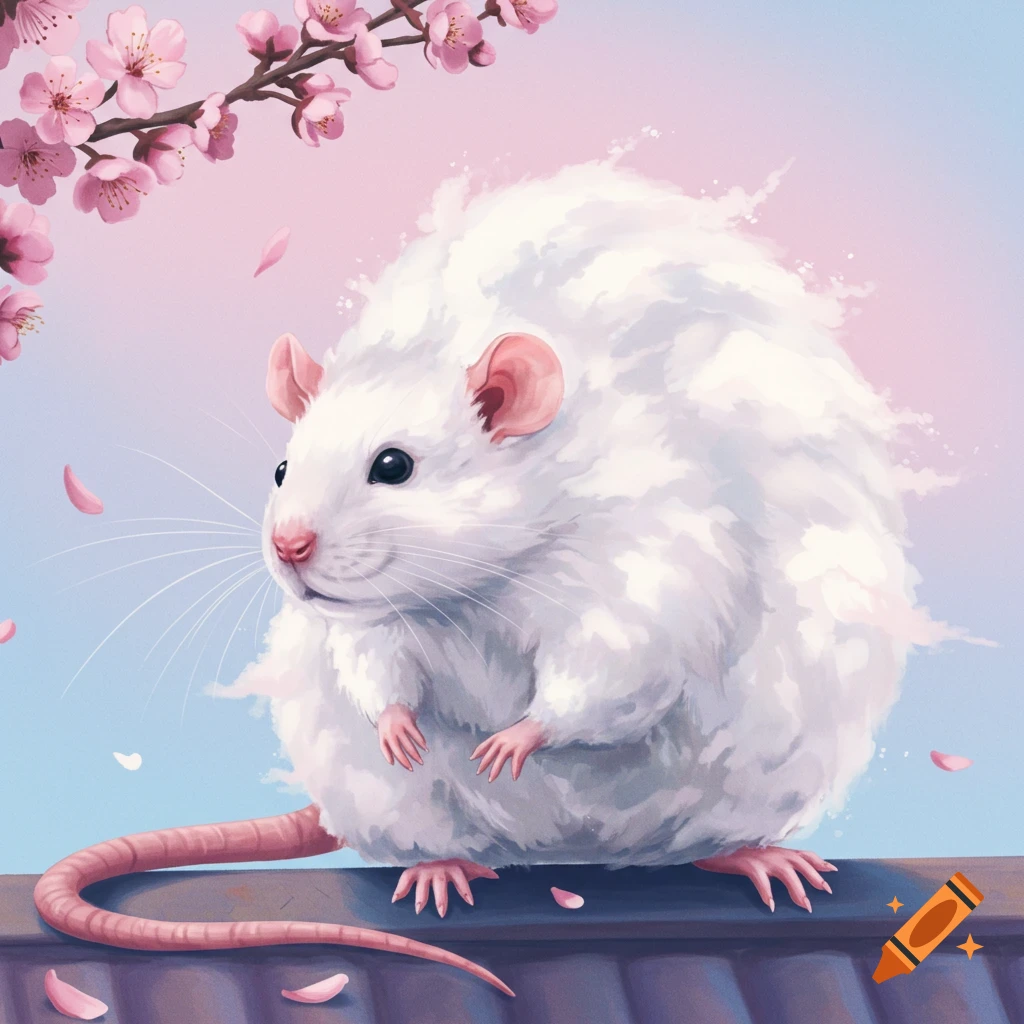 Illustration of a fluffy white rat with cloud-like fur under cherry blossoms