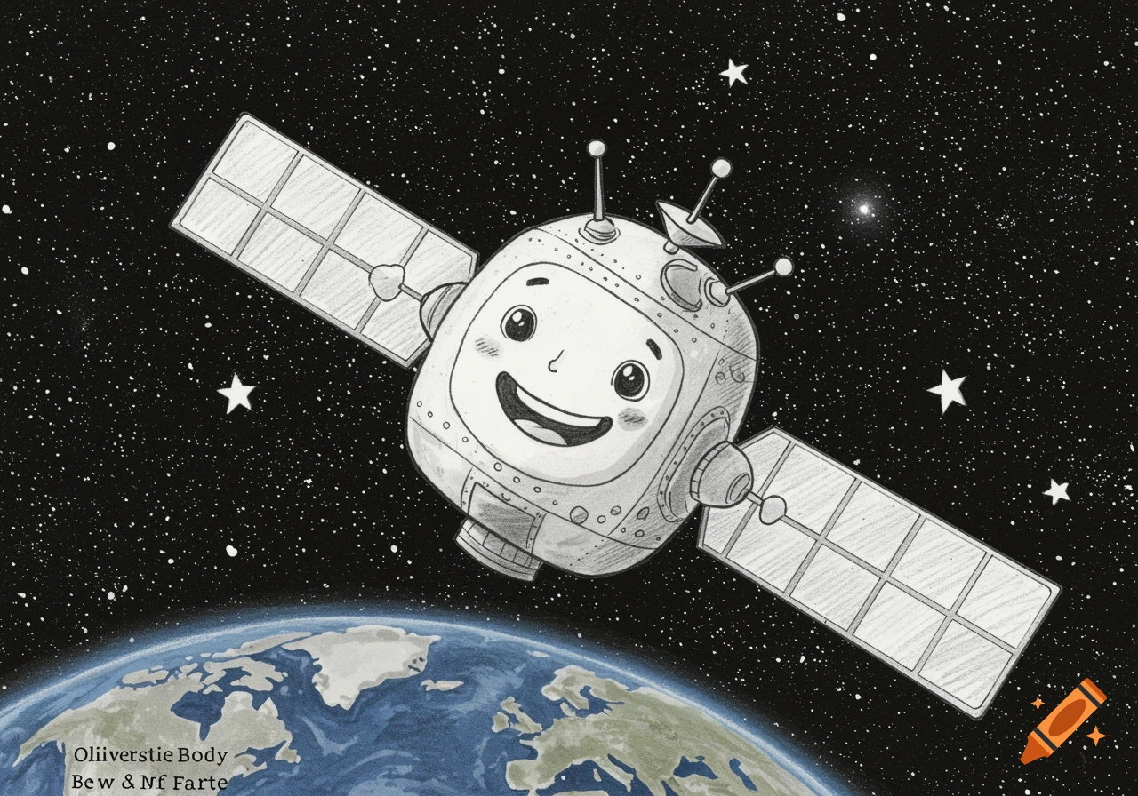 Cartoon pencil sketch of a smiling satellite orbiting Earth in space with stars