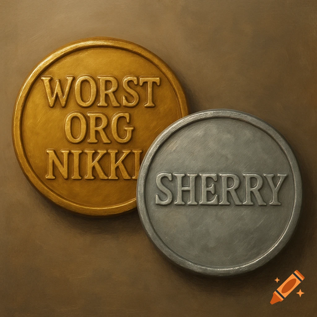 Close-up of a gold coin with 'WORST ORG NIKKI' and a silver coin with 'SHERRY' on a brown background.