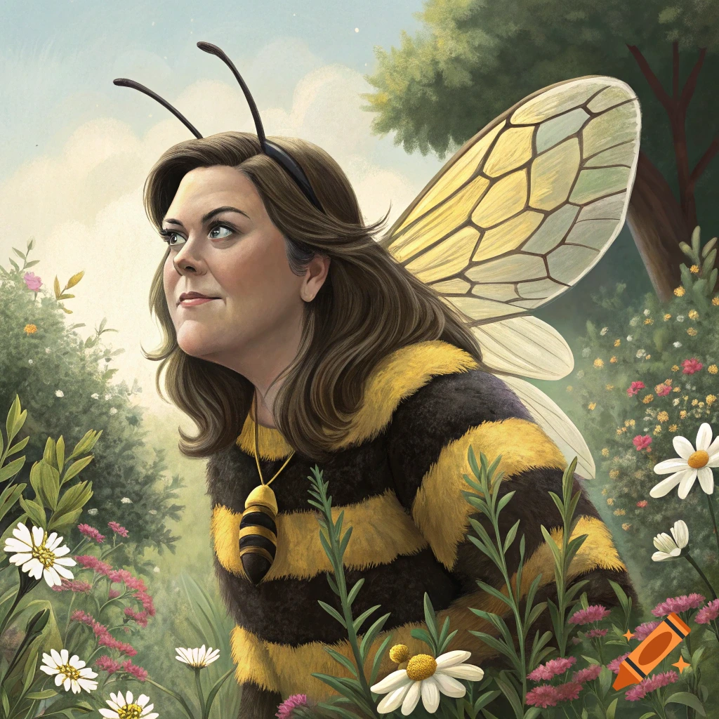Illustration of a woman dressed as a bee with wings and antennae, standing in a garden.