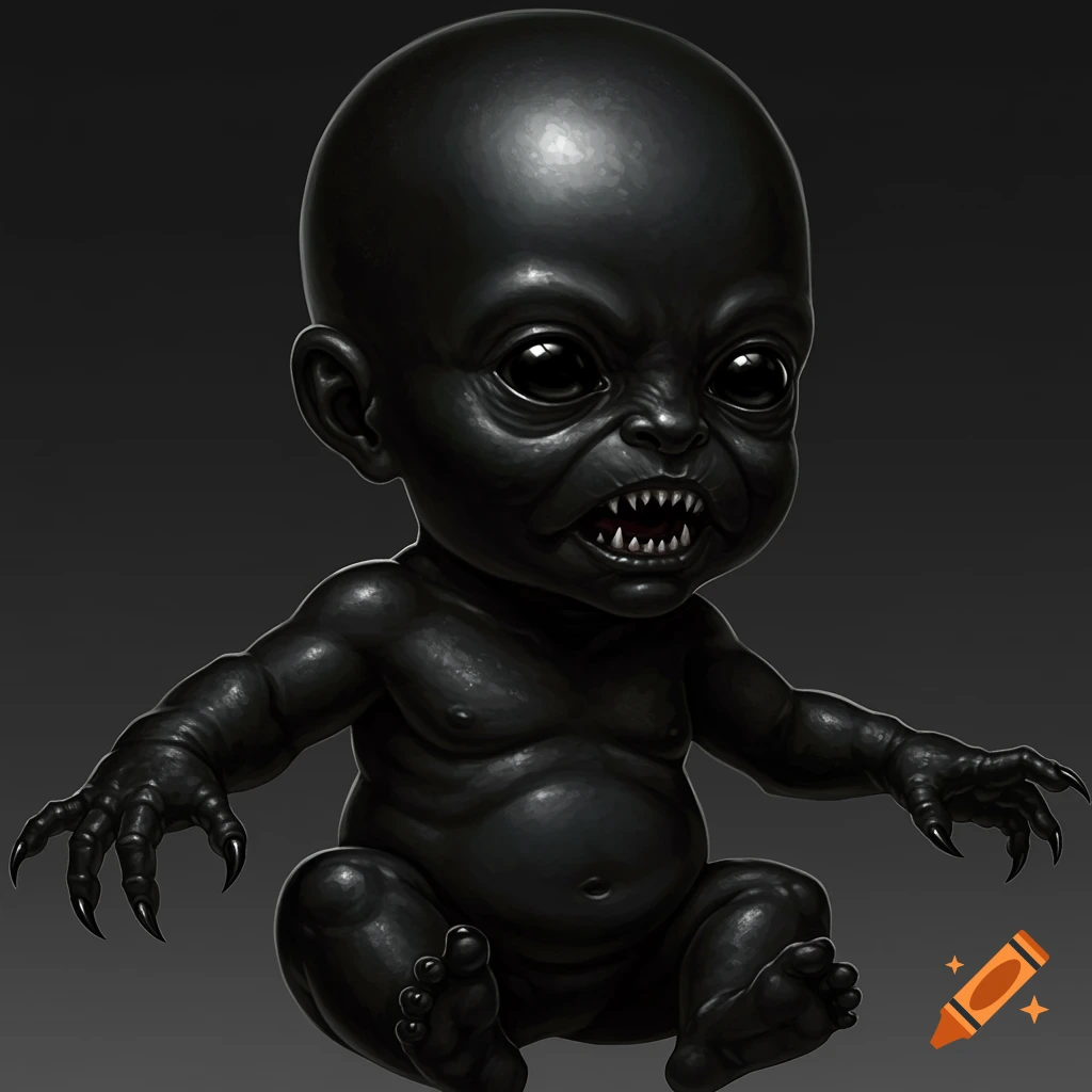 A scary-looking black baby alien with sharp teeth and claws sits staring forward.