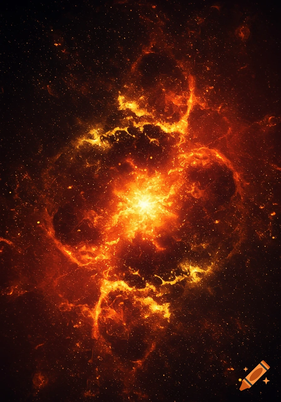 A fiery orange and yellow star bursts within a dark nebula filled with scattered light.