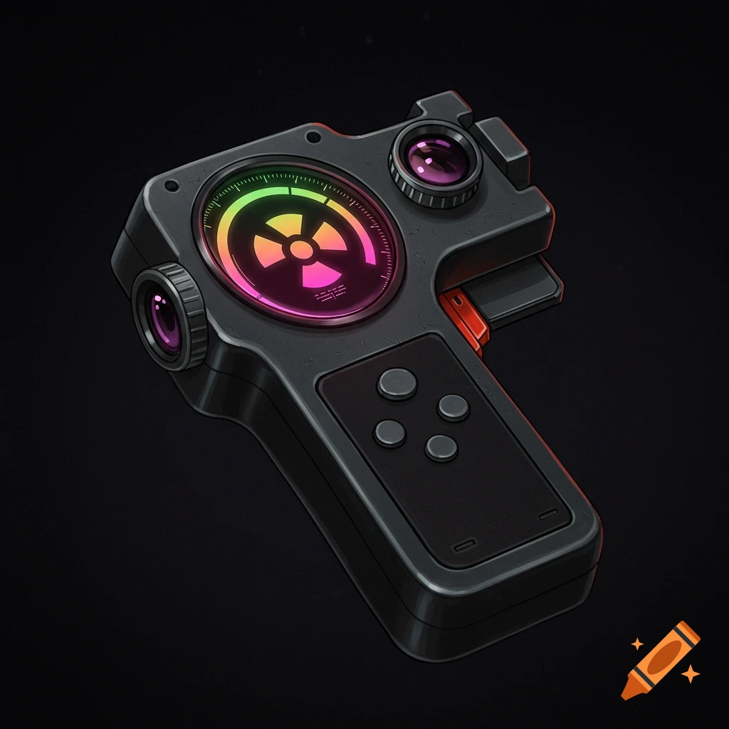 A sleek, futuristic handheld device with a glowing radioactive symbol dial and lenses