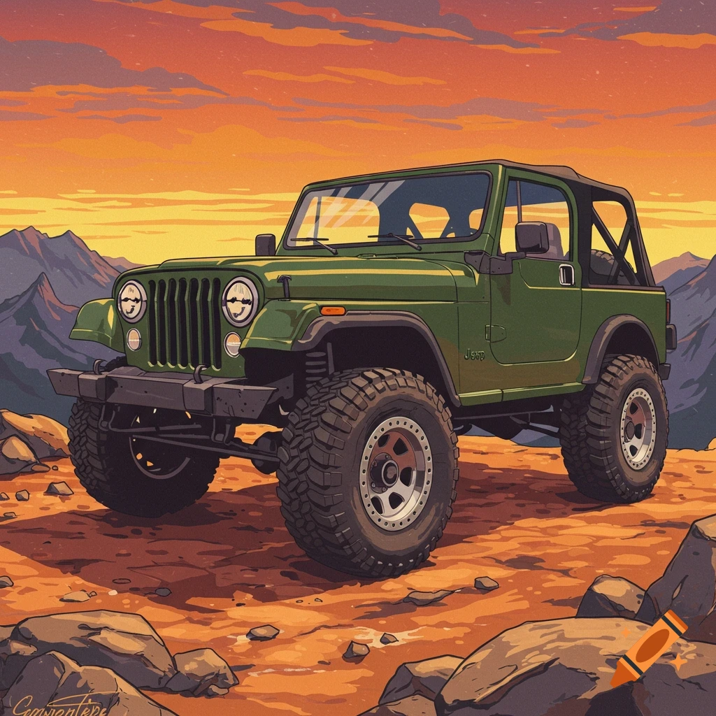Green Jeep off-roading on rocky ground at sunset, illustration style.