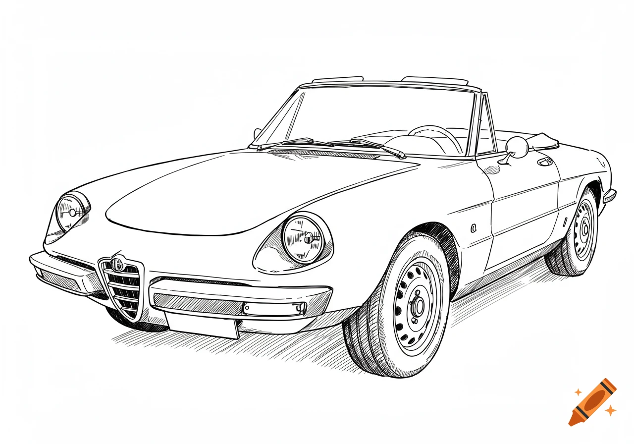 Black and white line drawing of a vintage Alfa Romeo convertible.