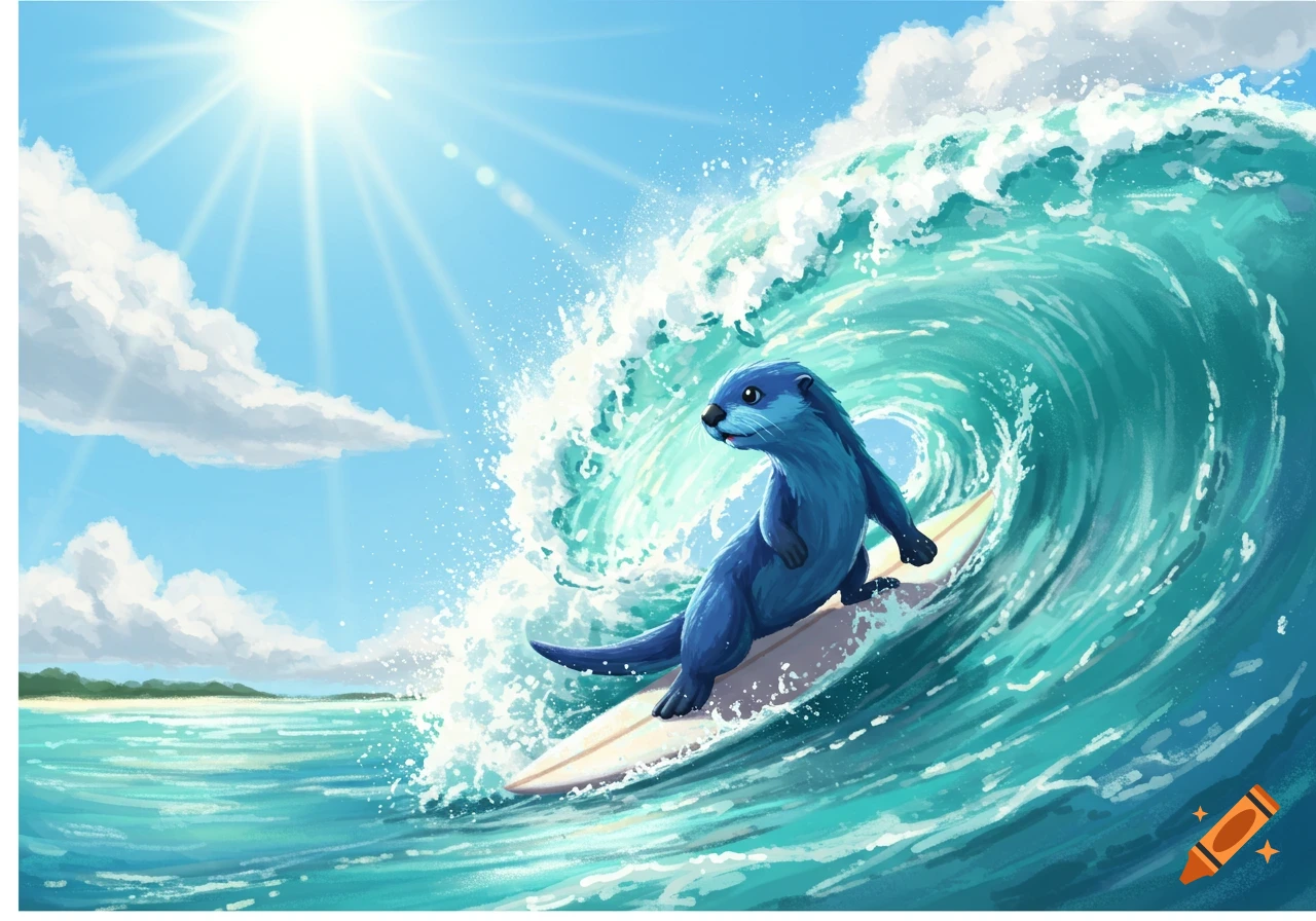 A blue animal surfing a large wave near a sunny beach in a digital illustration style.