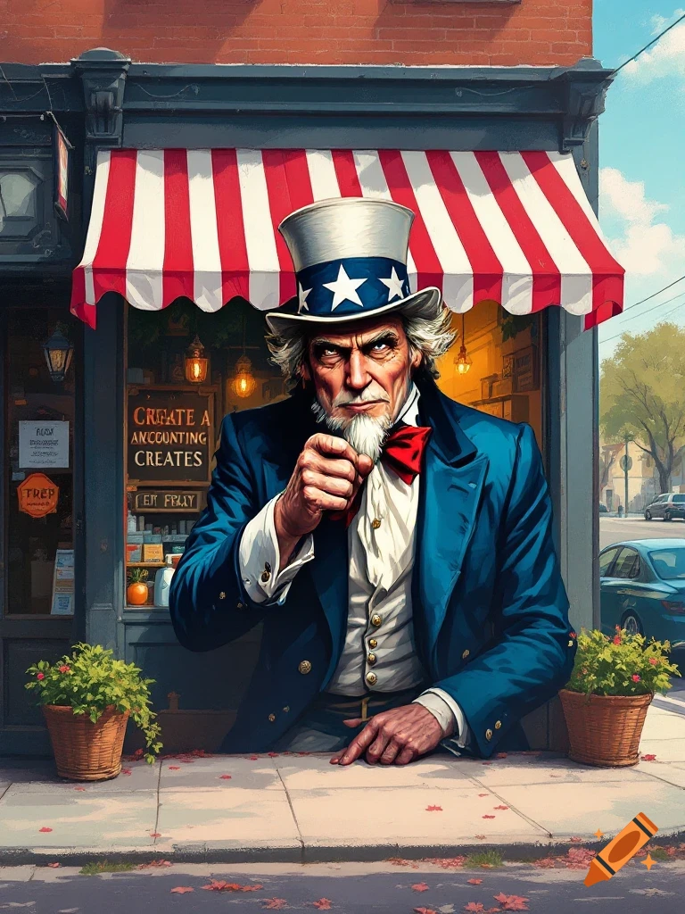 Illustration of Uncle Sam pointing, standing in front of a storefront.