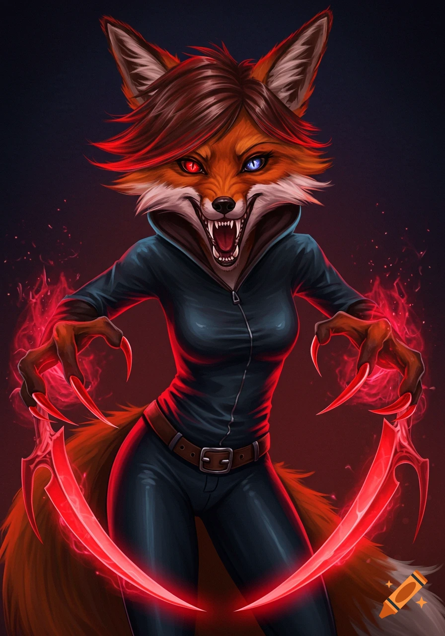 A fierce anthropomorphic fox with glowing red claws and eyes, surrounded by red magic, in a digital art style.
