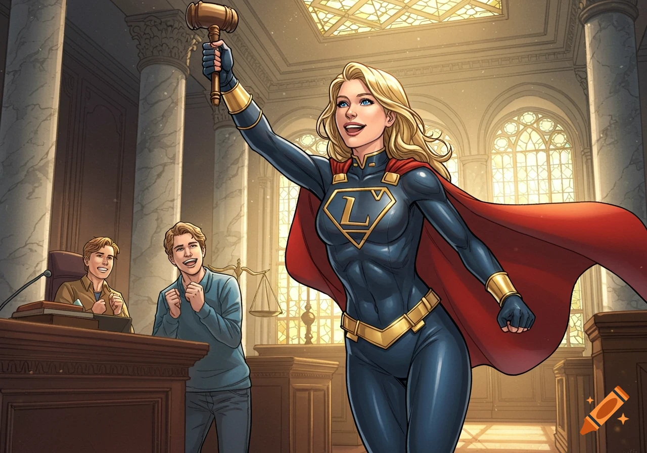 Superhero lawyer holds gavel in courtroom as cheering audience watches. Comic book style.
